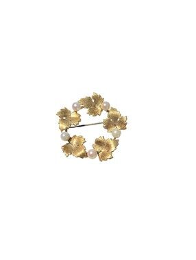 Vintage Signed Krementz Gold Plated & Faux Pearl Leaf Wreath Pin Brooch READ